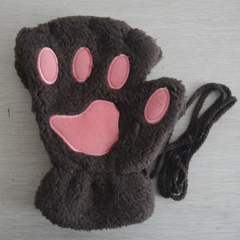 Cute Cat Paw Fingerless Mittens Plush Half-Finger Warm Fluffy Gloves for Women & Unisex