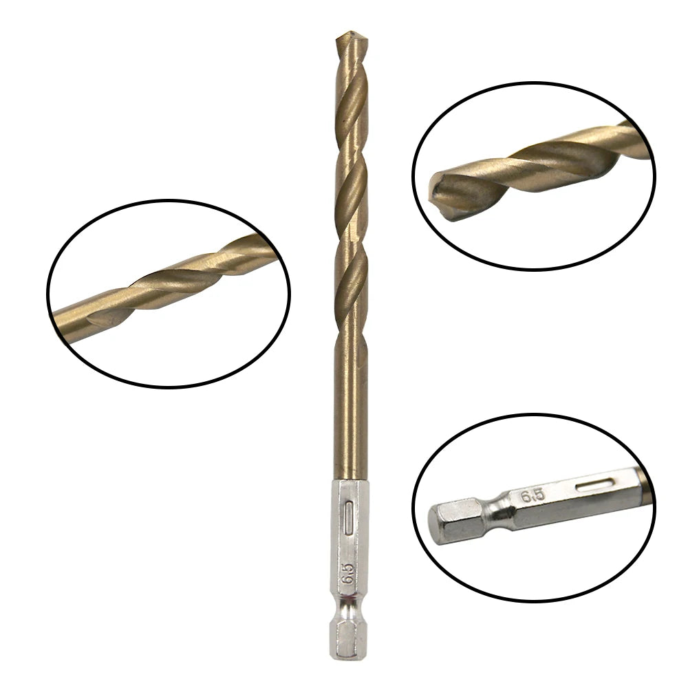13-Piece Titanium-Plated Hexagonal Shank Twist Drill Bit Set 1.5–6.5 mm (0.06–0.26 in) for Electric Drill, Driver & Air Screwdriver