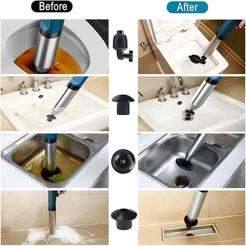 Stainless Steel Pneumatic Toilet Plunger & Air Drain Blaster - High-Pressure Pipe Unblocker Tool Set