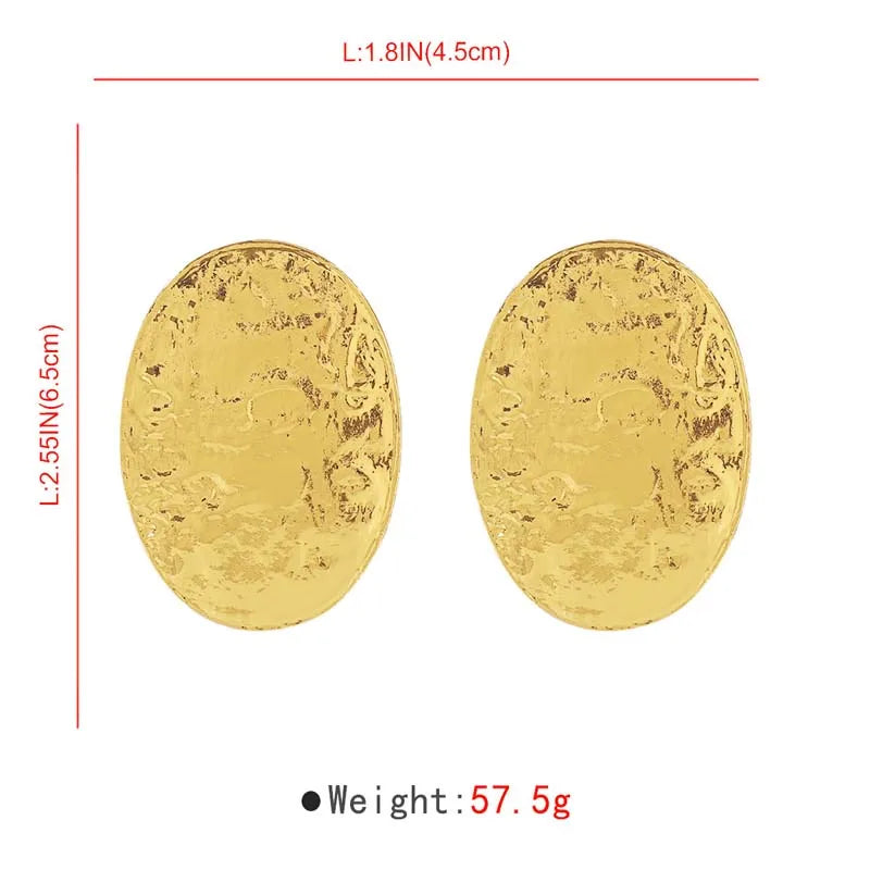 Large Gold Oval Geometric Stud Earrings - Textured Metal Statement Jewelry for Women