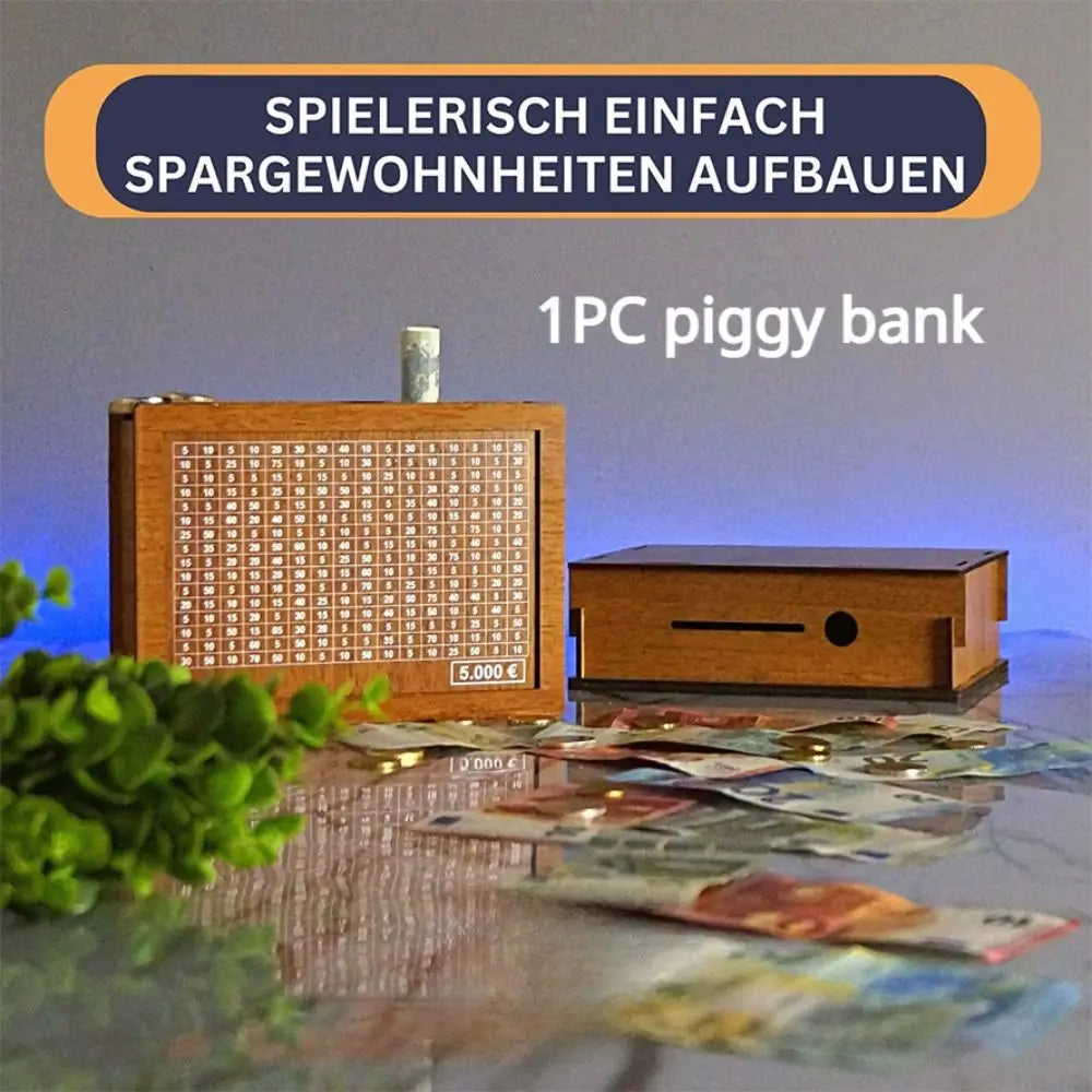 Wooden Piggy Bank Money Box – Reusable Cash Vault for Kids, Euro Savings Challenge (1,000 / 3,000 / 5,000 / 10,000 €)