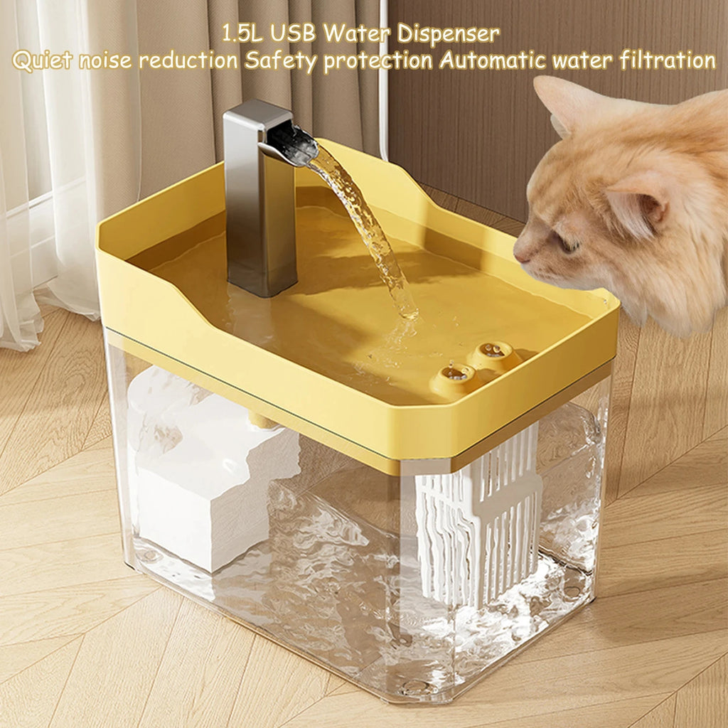 Automatic Cat Water Fountain 1.5L USB Recirculating Filtered Water Dispenser with Anti-Dry Pump, Transparent