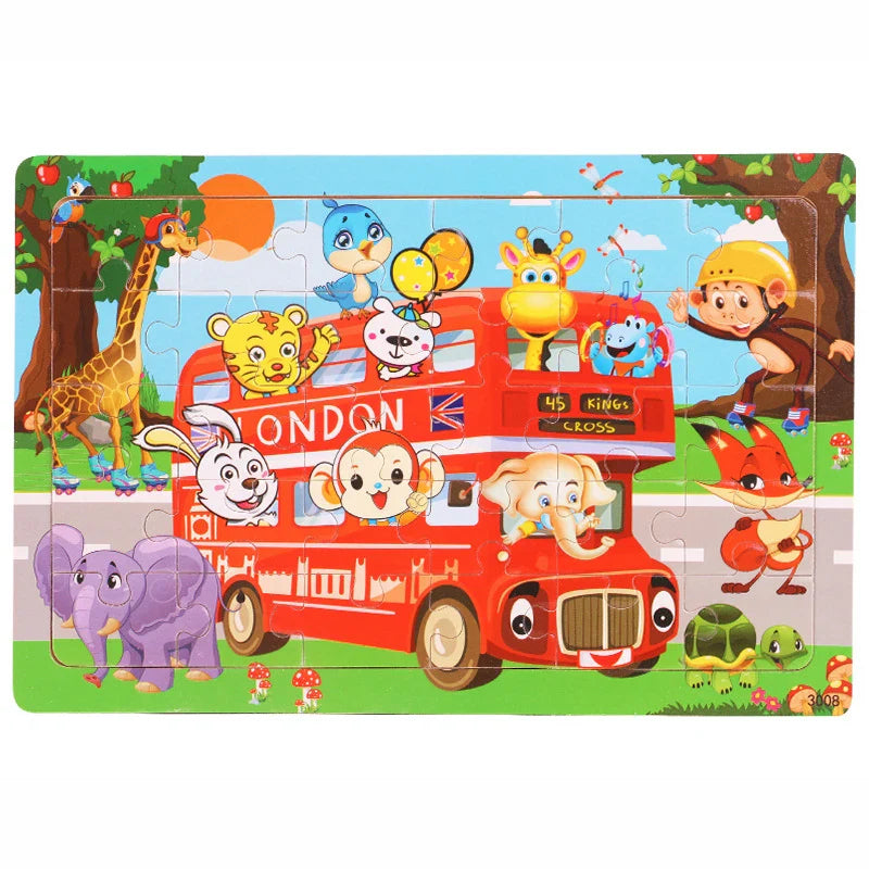 30-Piece Wooden Jigsaw Puzzle for Kids, Cartoon Animals & Vehicles, Early Learning Toy