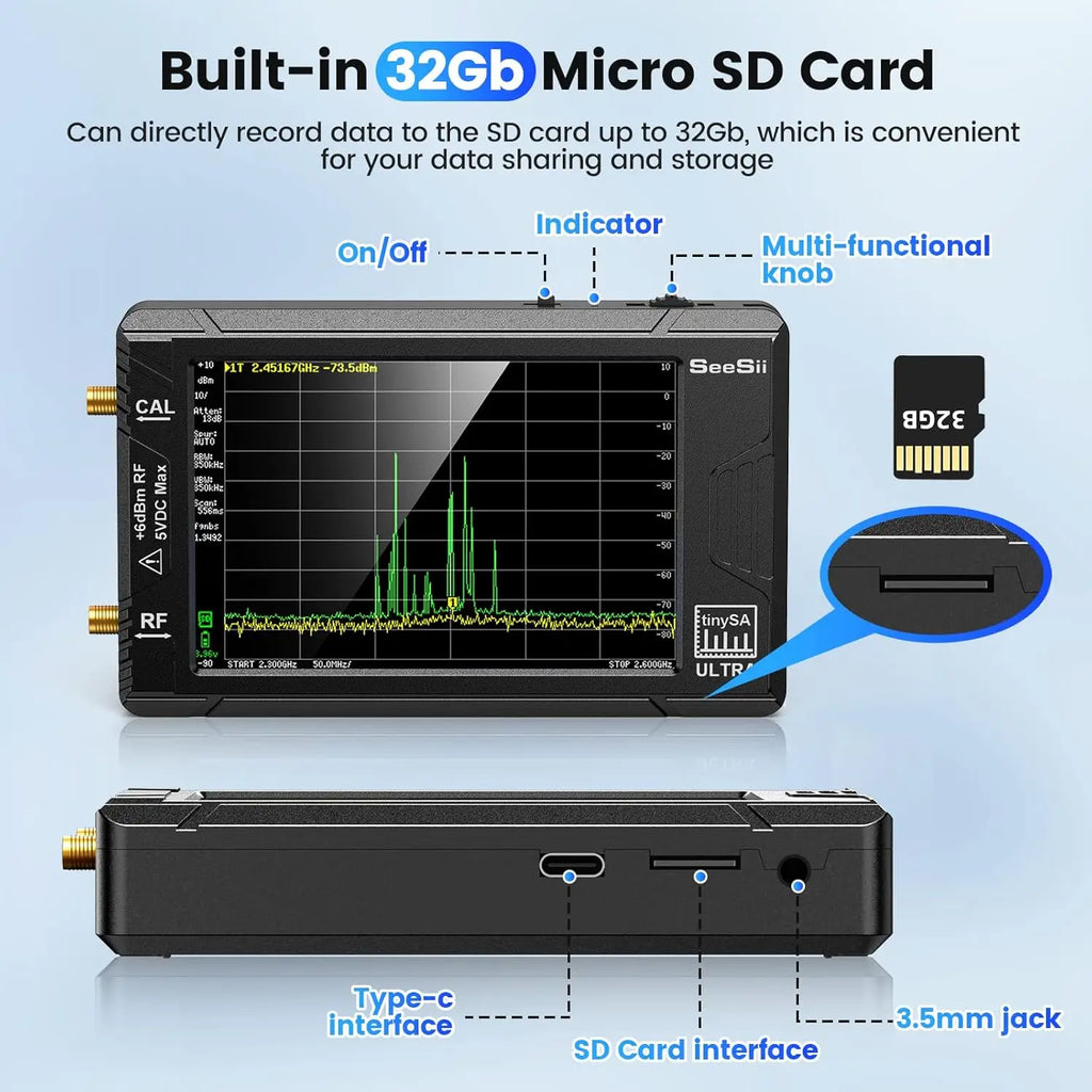 Handheld 4-Inch (10.2 cm) Portable Spectrum Analyzer 100 kHz–5.3 GHz with 32GB microSD — Signal Generator & USB PC Control