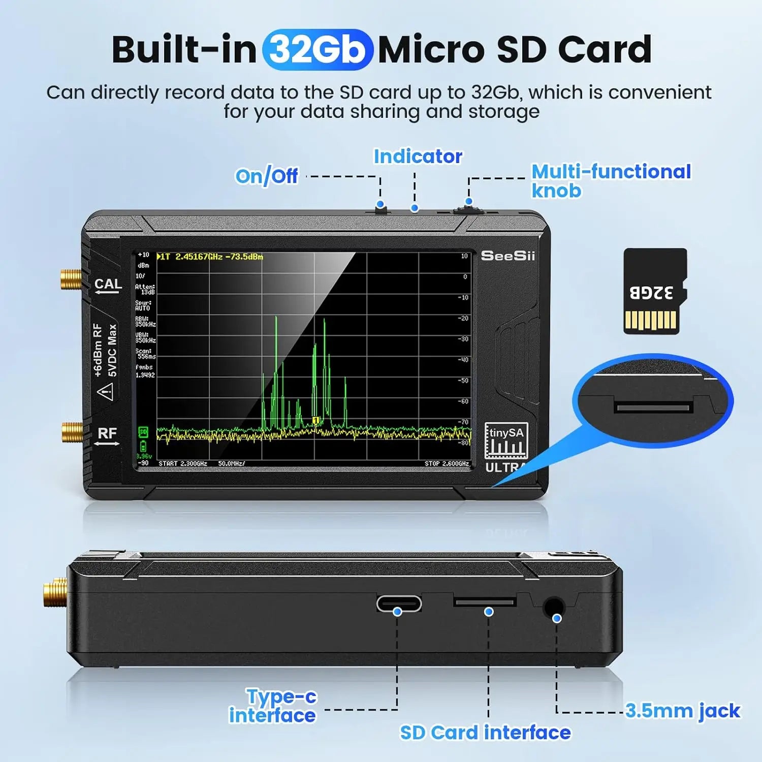 Handheld 4-Inch (10.2 cm) Portable Spectrum Analyzer 100 kHz–5.3 GHz with 32GB microSD — Signal Generator & USB PC Control