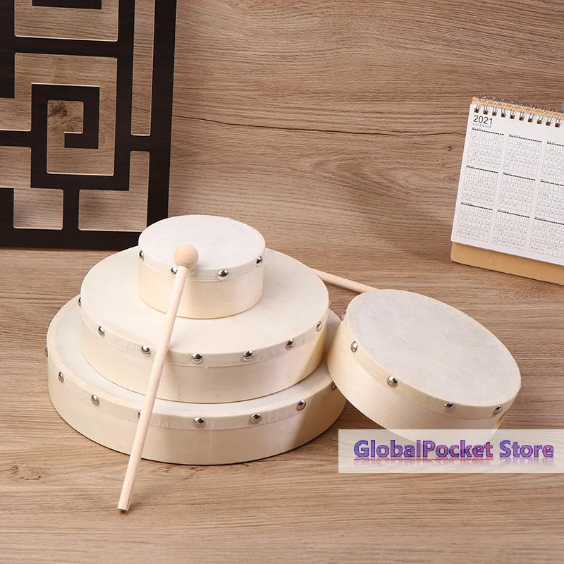 Wooden frame drum with mallet, view 2
