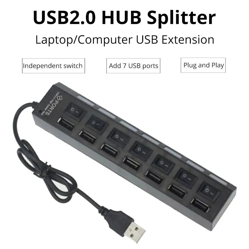 7-Port USB 2.0 Hub with Individual Switches & LED Indicators – USB Extension for PC Laptop Desktop