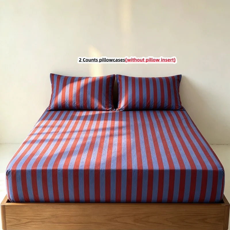 3-Piece Striped Fitted Sheet Set with Elastic Anti-Slip Skirt — 1 Fitted Sheet + 2 Pillowcases, Multiple Sizes (100–220 cm / 39–87 in)