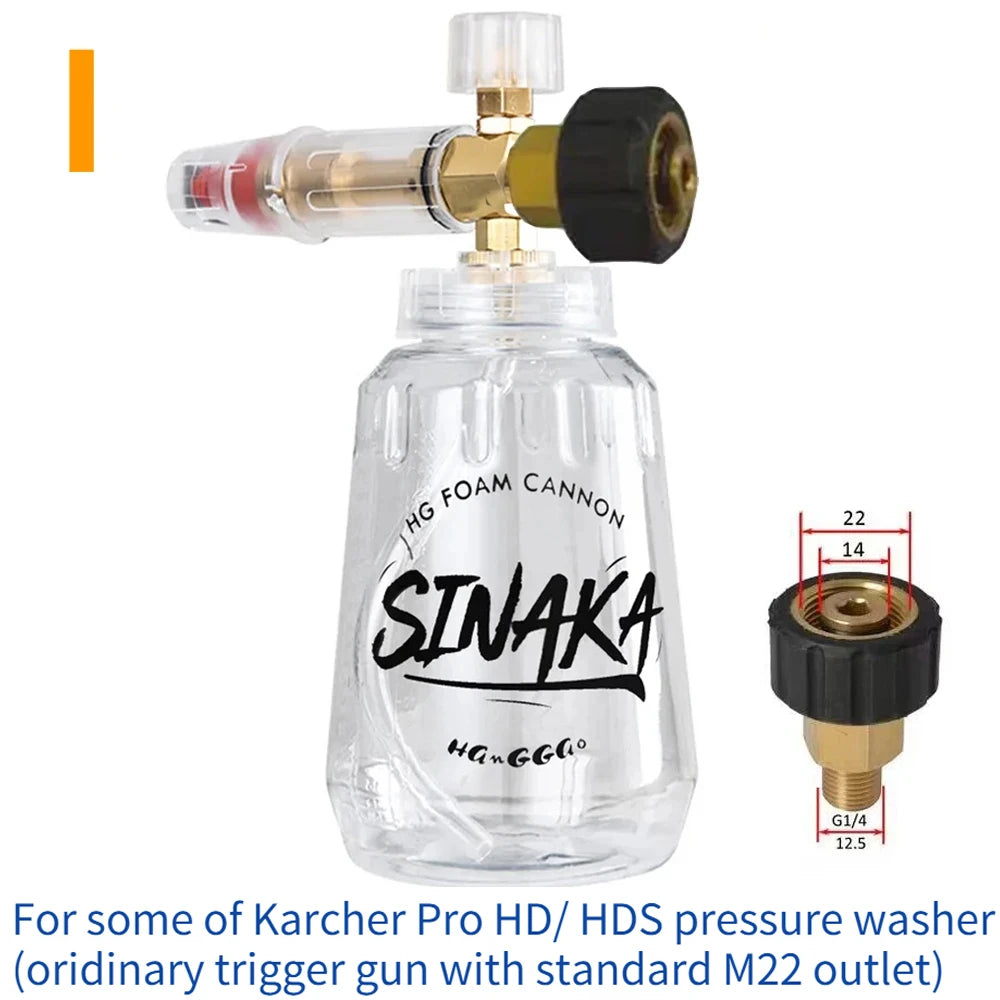 Adjustable Snow Foam Lance Foam Cannon 1L (32 oz) Car Washer Foam Generator – Universal Adapters M22 & 1/4" Quick Plug, 70–280 bar (1,000–4,000 PSI)