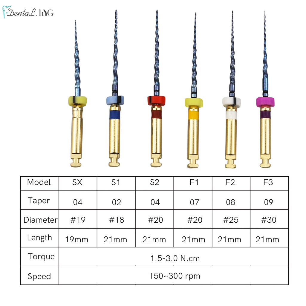 Gold-Coated NiTi Rotary Root Canal Files 6-Pack - Endodontic Files 19mm (0.75in) & 21mm (0.83in)