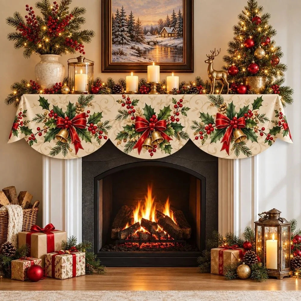 Christmas Fireplace Mantel Scarf 50x200cm (19.7x78.7in) Non-Slip Plush Mantel Runner Stain-Resistant Holiday Decor