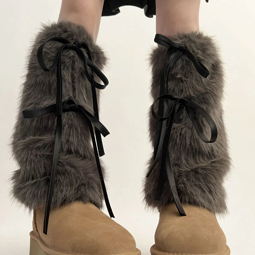 JK Harajuku Furry Plush Boot Cuffs Leg Warmers with Ribbon Bow – White Winter Boot Covers