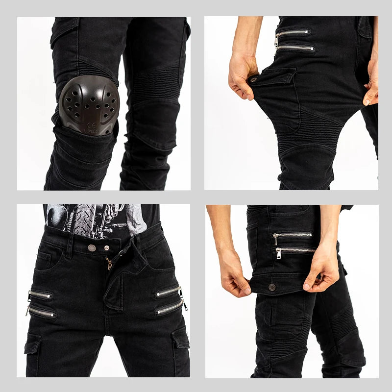 Unisex Motocross Motorcycle Riding Jeans with Removable Knee Pads – Double-Zip Moto Trousers