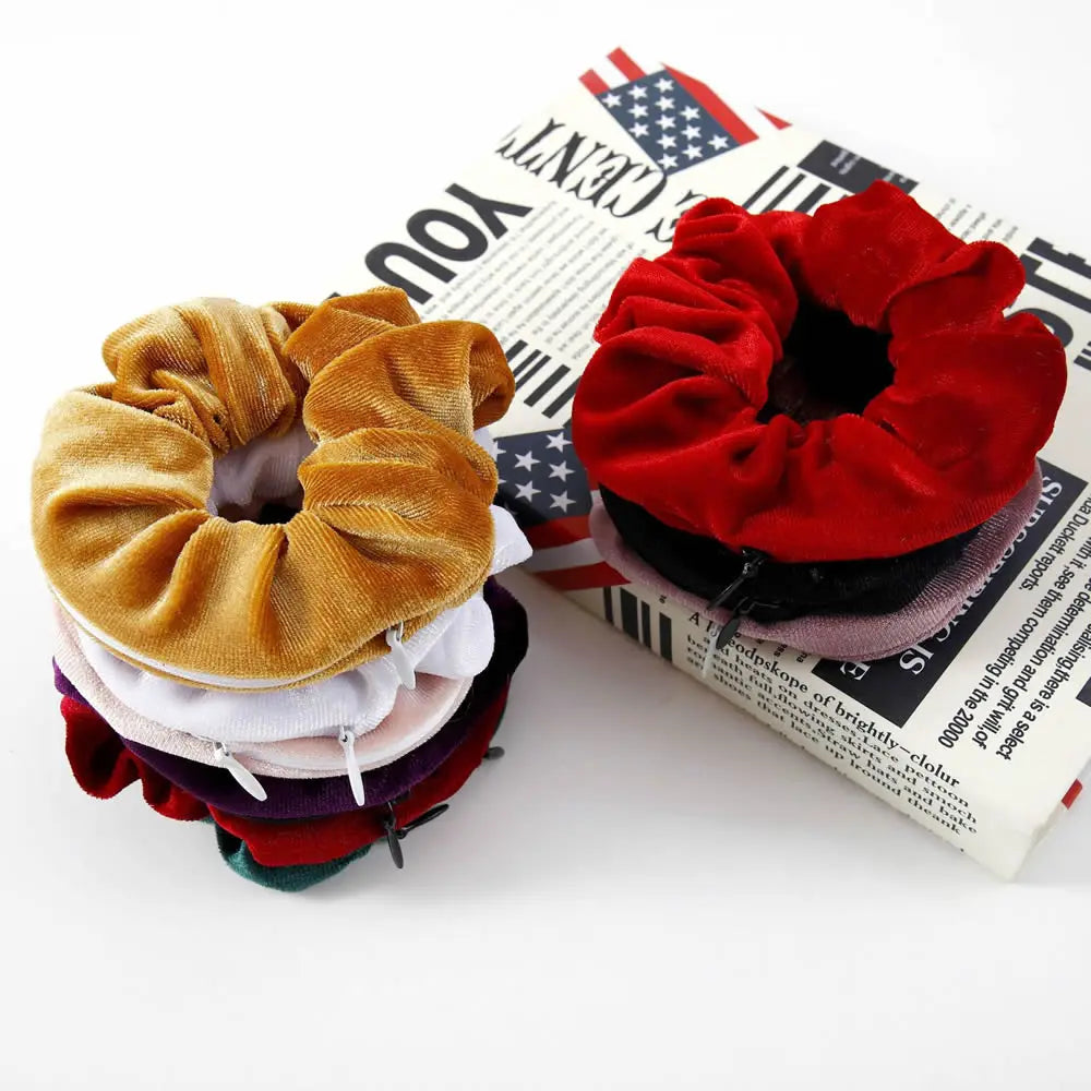 Hidden Pocket Scrunchie Hair Tie with Zipper - Secret Safe for Keys, Cash & Jewelry, Travel & Festival Accessory