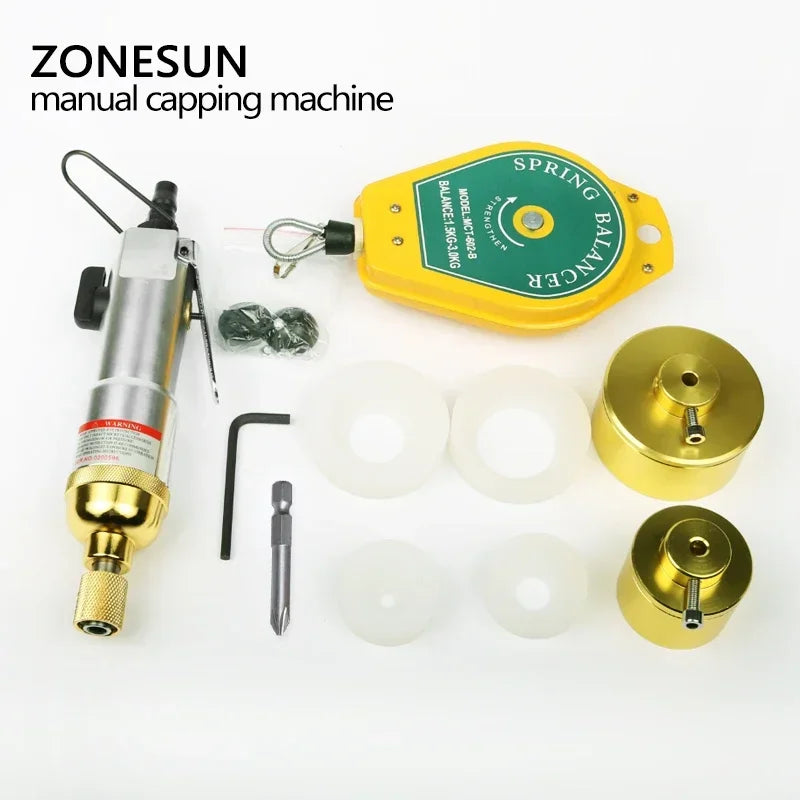 Pneumatic Handheld Bottle Capping Tool 10-50mm (0.39-1.97 in) Air Screwdriver Bottle Capper with 2 Metal & 4 Rubber Heads