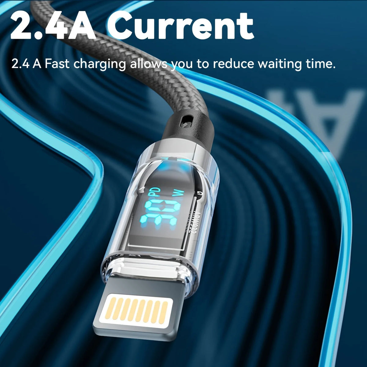 27W PD Fast Charging MFi Lightning Cable with LCD Power Display — Transparent Braided USB-A/USB-C to Lightning, Data Sync & Charging