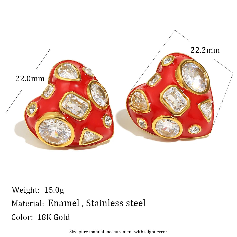 316L Stainless Steel Heart Zircon Stud Earrings - 18K Gold Plated Waterproof Hypoallergenic Women's Party Jewelry