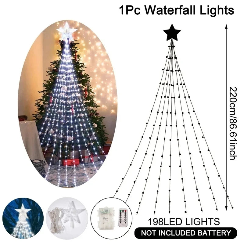 Pentagram Waterproof 2.2M (7.2 ft) 198-LED Waterfall Fairy String Lights USB/Battery Powered for Christmas Tree Patio Camping