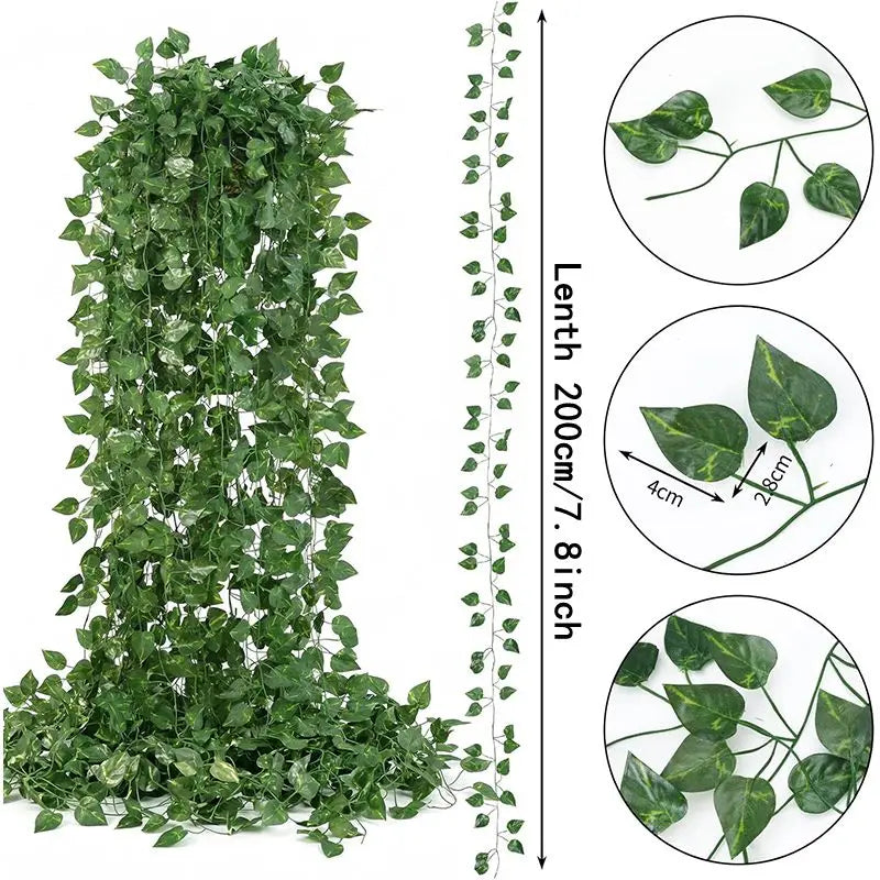 Faux Ivy Leaf Garland - 4/8/12M (13/26/39 ft) Green Hanging Vine for Wall, Wedding & Garden Decor