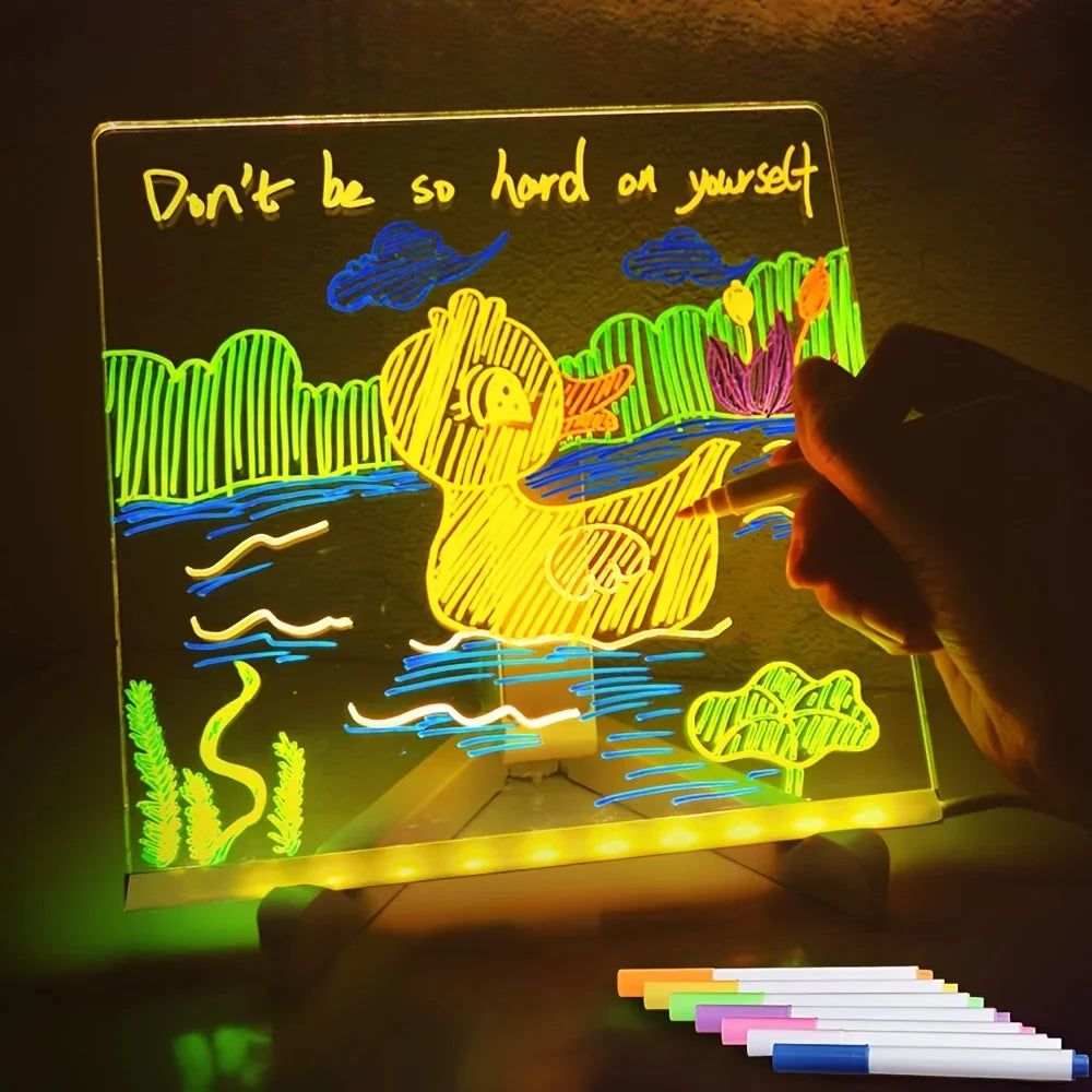 LED Acrylic Message Board Night Light with 7 Color Pens - Erasable DIY Neon Note and Drawing Board for Kids