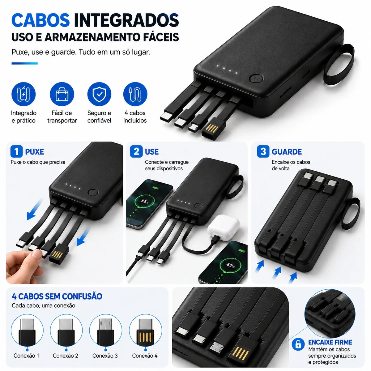 Portable Power Bank 12,000mAh / 26,000mAh with 4 Built-In Cables (USB-C, Lightning, Micro USB, USB-A), LED Display, Multi-Device Charger