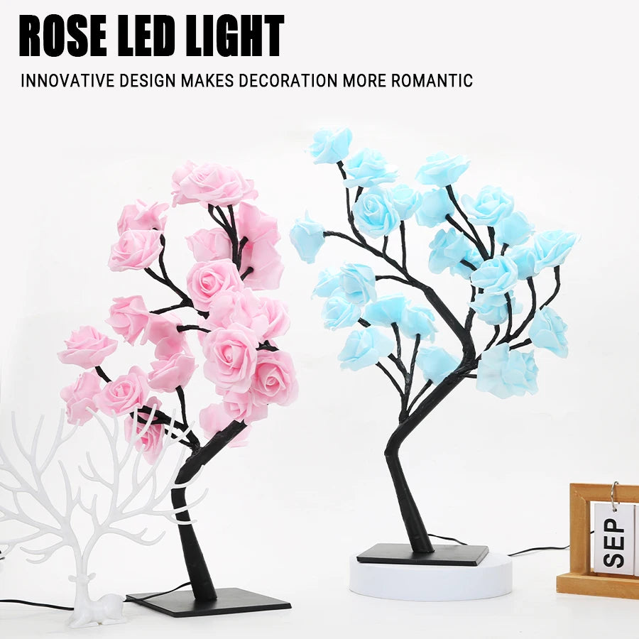 24 LED USB Rose Tree Table Lamp Fairy Flower Night Light for Home Wedding Party Bedroom Gift