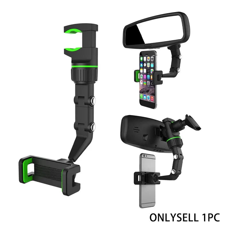 360° Rearview Mirror Car Phone Mount - Universal Clip Holder for Smartphones & GPS