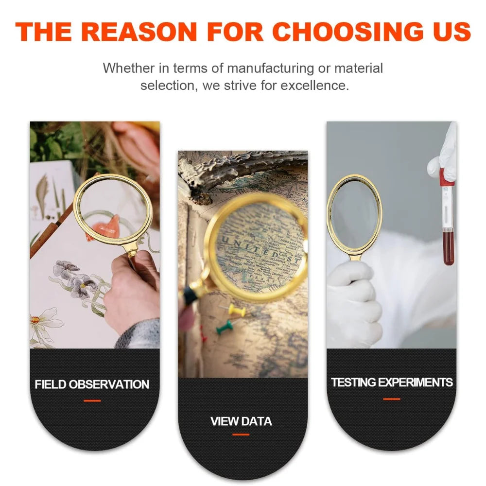 10x Handheld Magnifying Glass with Wooden Handle — 60/70mm (2.36/2.76 in) Lens for Reading, Jewelry and Repair