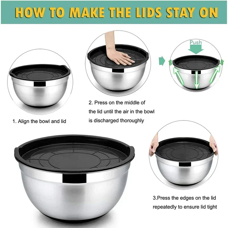 6-Piece Stainless Steel Mixing Bowls with Lids & Silicone Non-Slip Bases — Thickened Baking and Salad Bowls