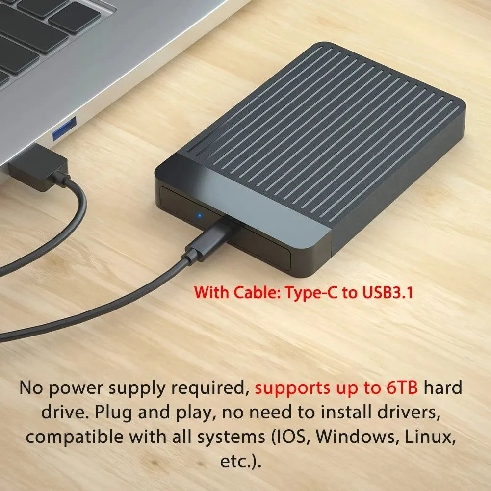 2.5" (6.35 cm) SATA SSD/HDD Enclosure USB 3.1/3.0 Type-C 6Gbps Tool-Free Portable External Drive Case