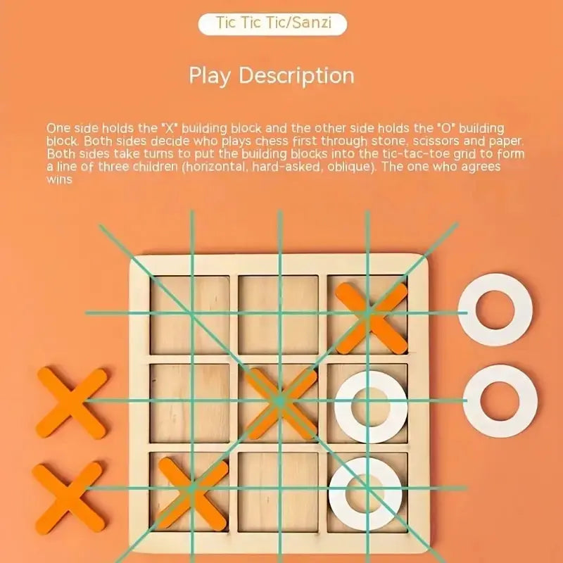 Montessori Wooden Tic-Tac-Toe (XO) Puzzle Board 9.8×9.8 cm (3.9×3.9 in) – Educational Brain Training Toy for Kids