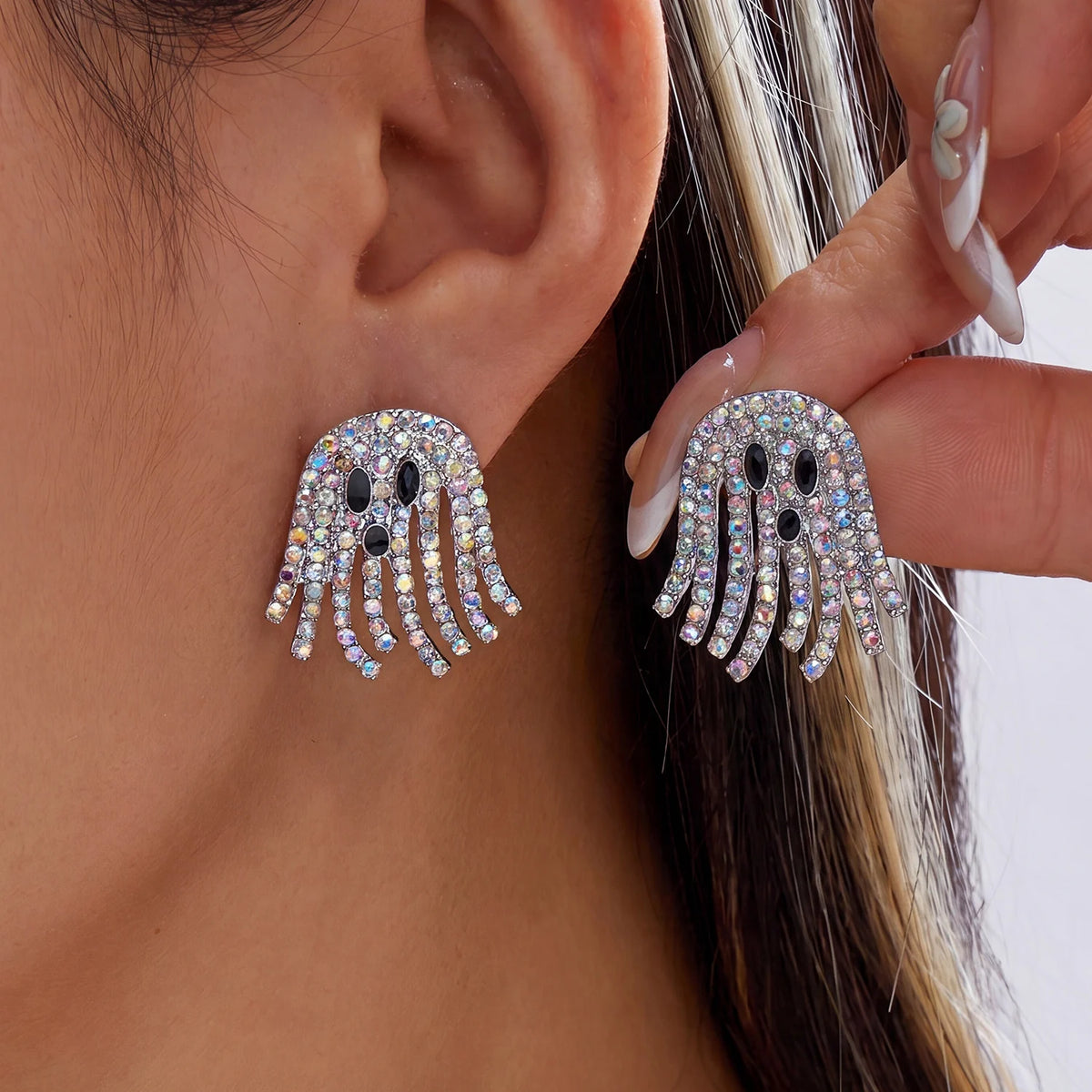 Sparkling Rhinestone Ghost Earrings for Women — Pavé Studs & Crystal Tassel Dangles (0.8–1.1 in / 2–2.8 cm) Halloween Costume Party Jewelry Gift