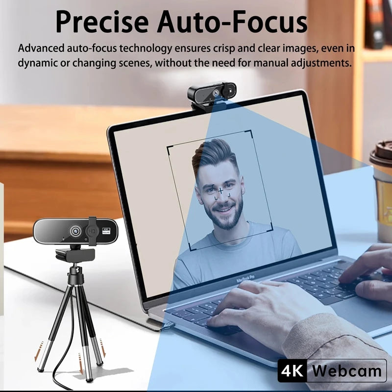 4K USB Webcam with Autofocus & Built-In Microphone — 2K/1080P Options, Privacy Cover, Plug-and-Play