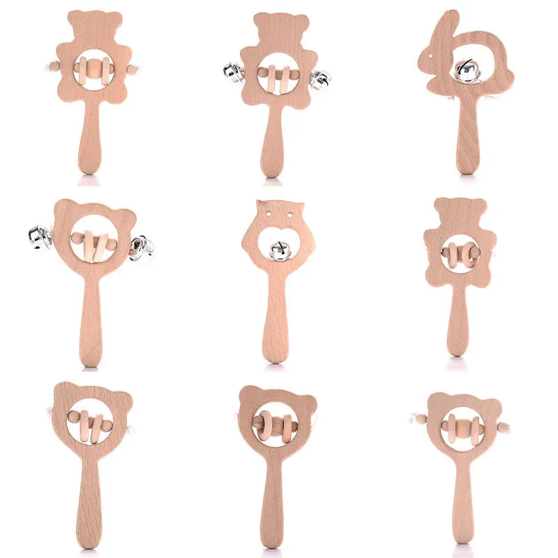 1-Pack Beech Wood Baby Teether - Wooden Animal Ring Nursing Pendant Rattle Chew Toy Rabbit Owl