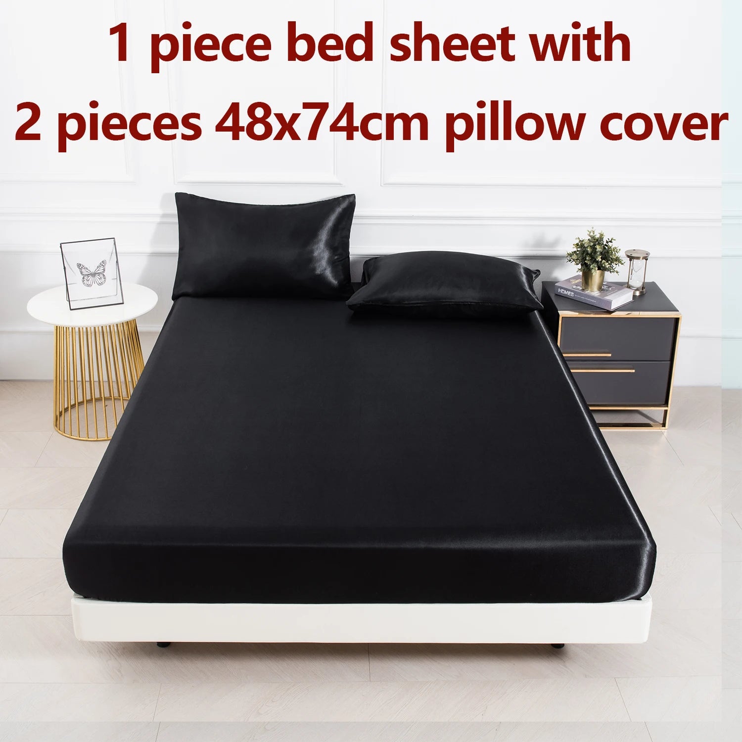 Satin Fitted Sheet Set 3-Piece (1 Fitted Sheet + 2 Pillowcases) Soft Breathable Solid Color Bedding