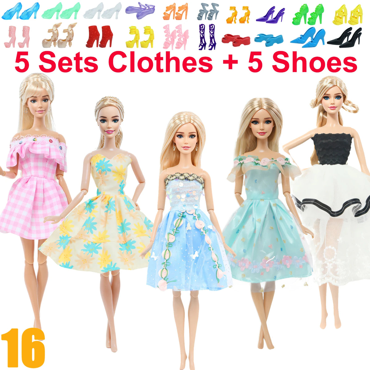 10-Piece 1/6 Scale Doll Clothes Set for 11.5–12 in (30 cm) Dolls — Dresses, Shirts, Pants & Shoes