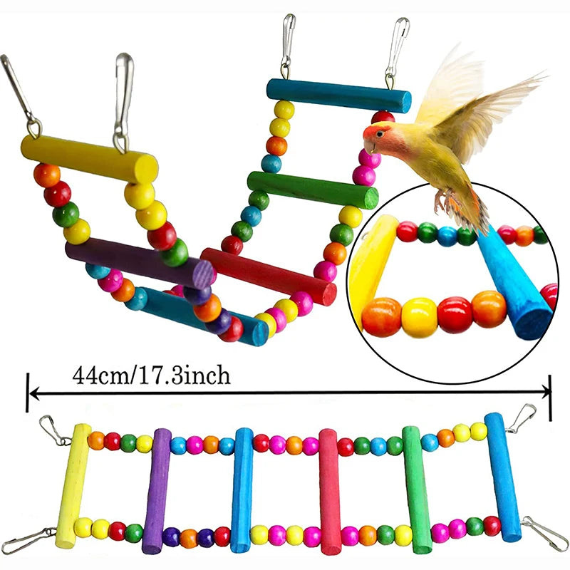 7-Piece Wooden Parrot Toy Set - Bird Cage Accessories: Swing, Ladder, Bridge and Bells