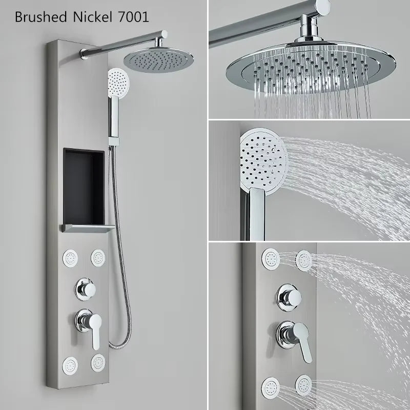 Black Shower Panel Column with Rain & Waterfall Shower Head, Massage Jets and Mixer Faucet