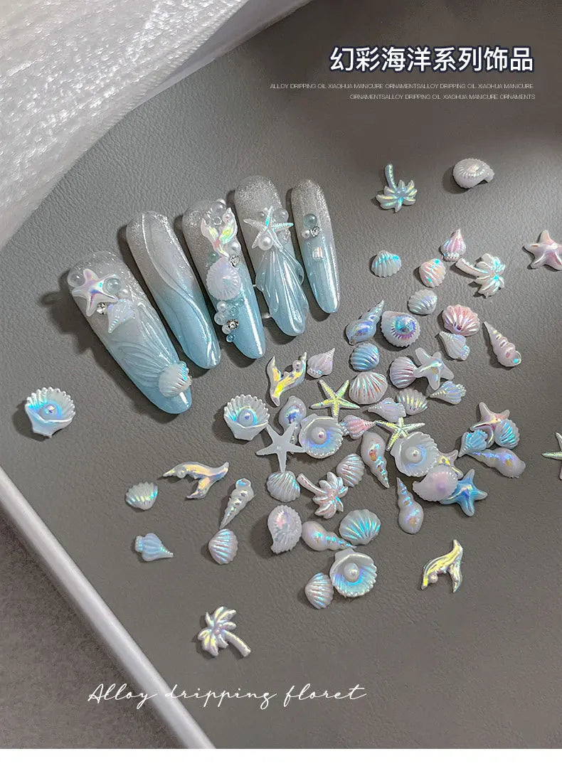 50pcs Summer Ocean 3D Nail Charms – Aurora Shell, Starfish & Fish Tail Nail Art Decorations