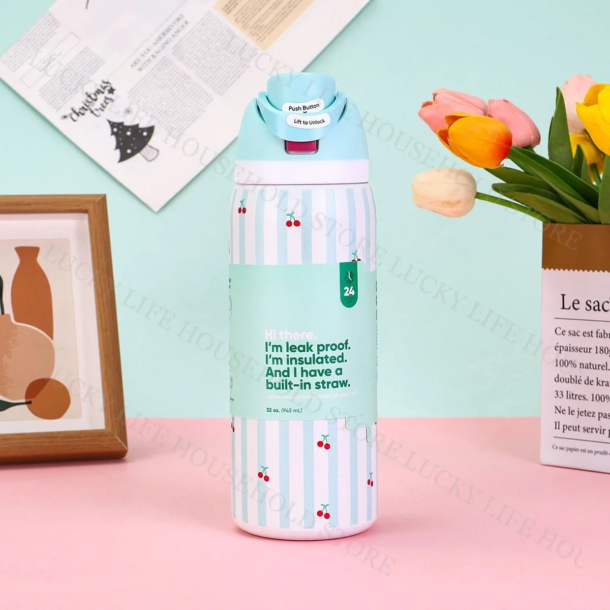 32oz (946ml) Stainless Steel Insulated Sports Water Bottle – Portable Vacuum Thermos, Football/Soccer Design