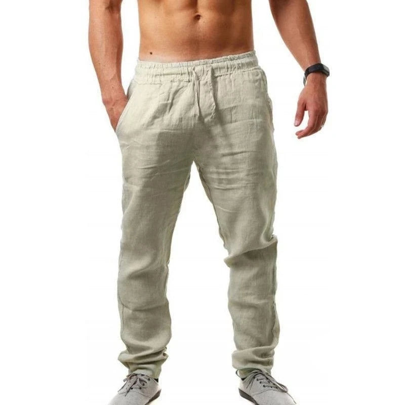 Men's Summer Cotton-Linen Oversized Wide Leg Pants Elastic Waist Casual Ankle-Length