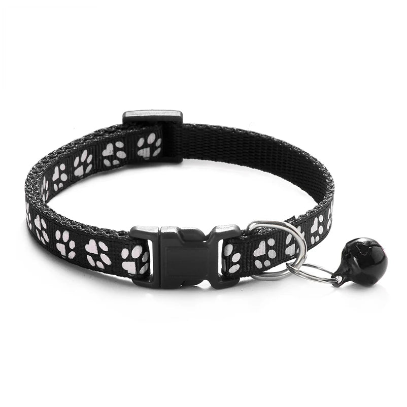 Adjustable Cat Collar with Bell and D-Ring, Dog-Print Rope Necklace, Multiple Colors