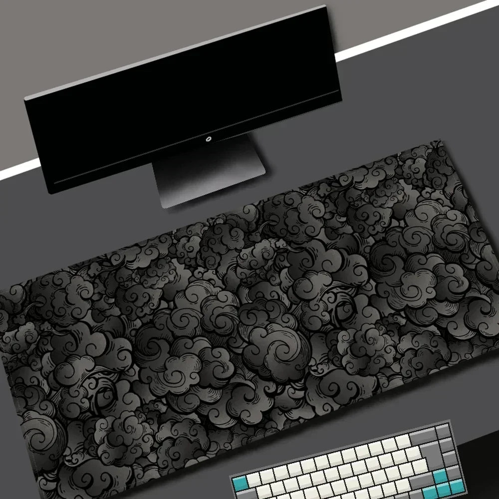 Japanese Clouds Kawaii Black XXL Gaming Mouse Pad - Large Non-Slip Rubber Desk Mat for Laptop & PC