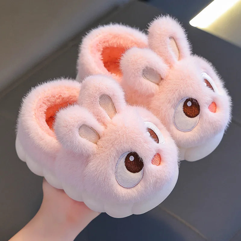 Kids Winter Plush Rabbit Slippers – Faux Fur Warm Anti-Slip Indoor Shoes for Boys & Girls
