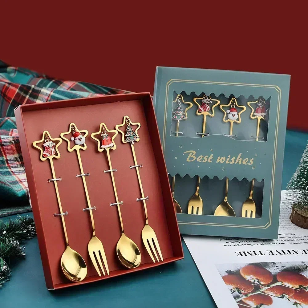 4-Piece Stainless Steel Christmas Cutlery Set – Spoon & Fork Holiday Table Decor with Elk & Tree Ornaments