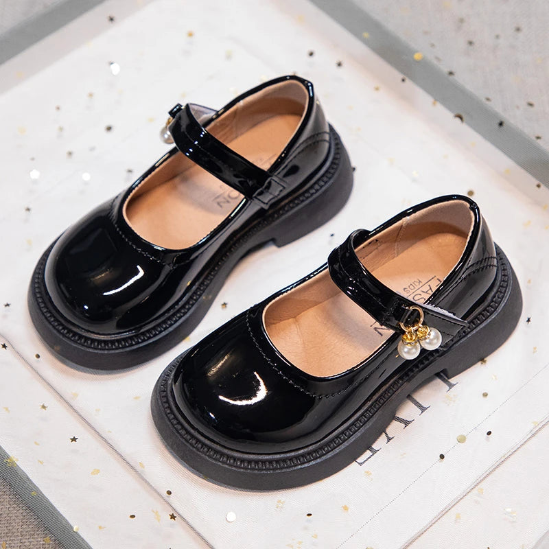 Girls PU Leather Mary Jane Flats with Pearl Pendant – Black Princess Dress Shoes, EU 26-36
