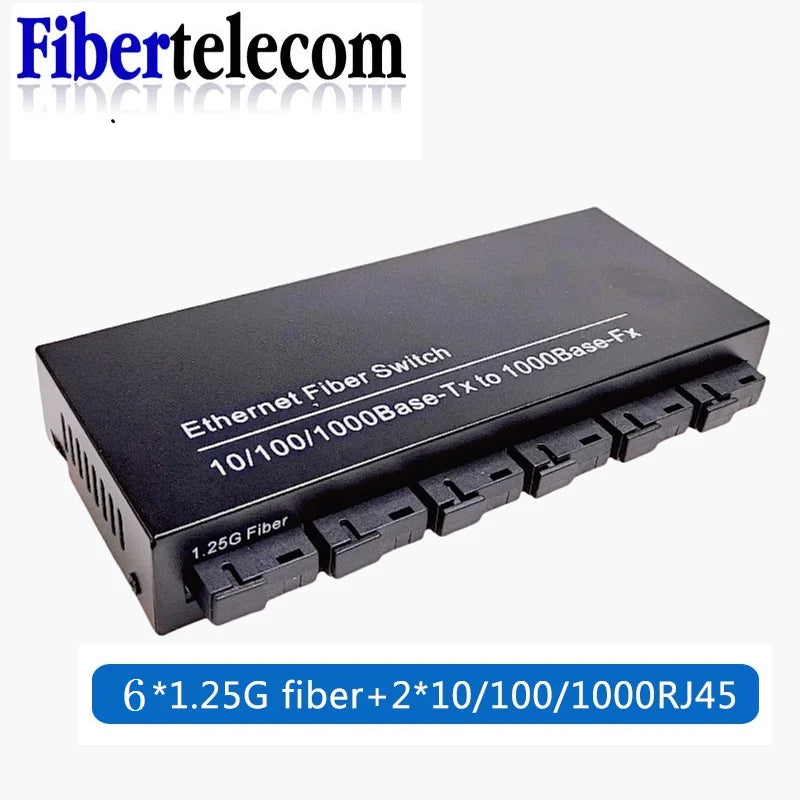 Gigabit Fiber Switch 6 x 1.25G Fiber Ports + 2 x 100/1000M RJ45 Media Converter SC Single-Mode 20km