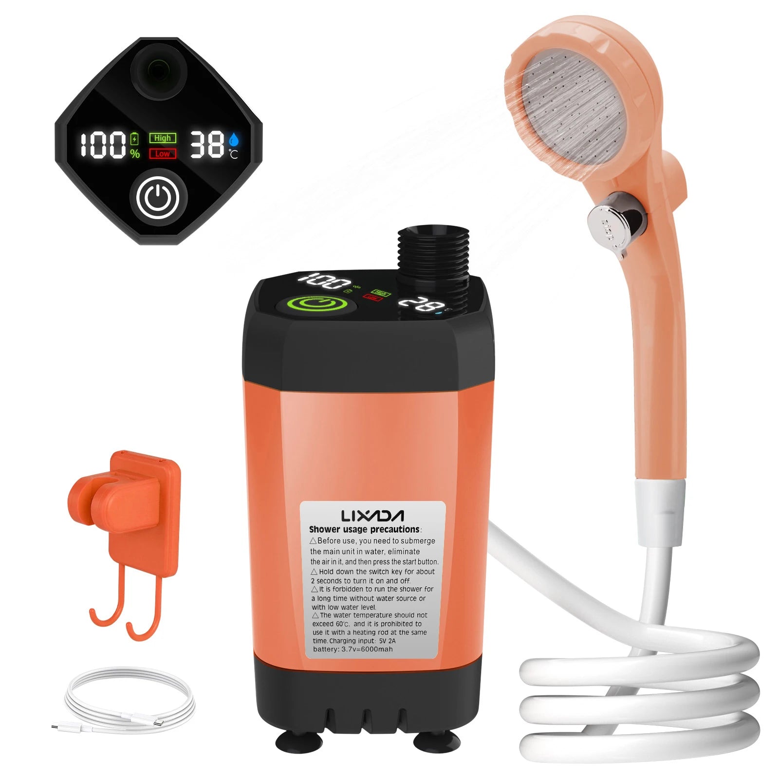 Portable Camping Shower Pump 6000mAh – USB Rechargeable RV Outdoor Shower Kit with Full-Screen Digital Display & Adjustable Energy-Saving Mode