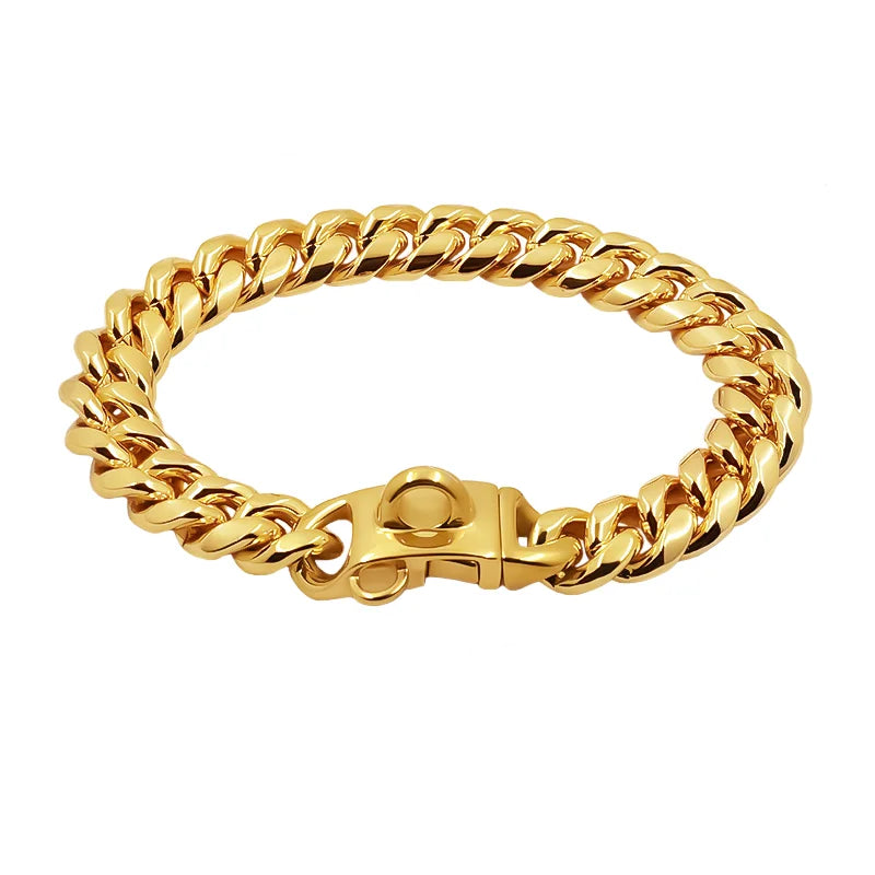 Stainless Steel Dog Collar Cuban Link 14mm Wide Gold & Silver - Durable Pet Collar for Small to Large Dogs