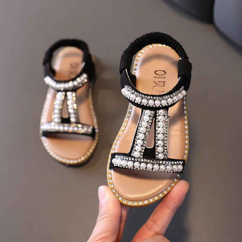 Toddler Girls Gladiator Sandals Beaded Nubuck Leather Slip-On Flat Sandals — Sizes 21–30 (13.5–18 cm | 5.31–7.09 in)